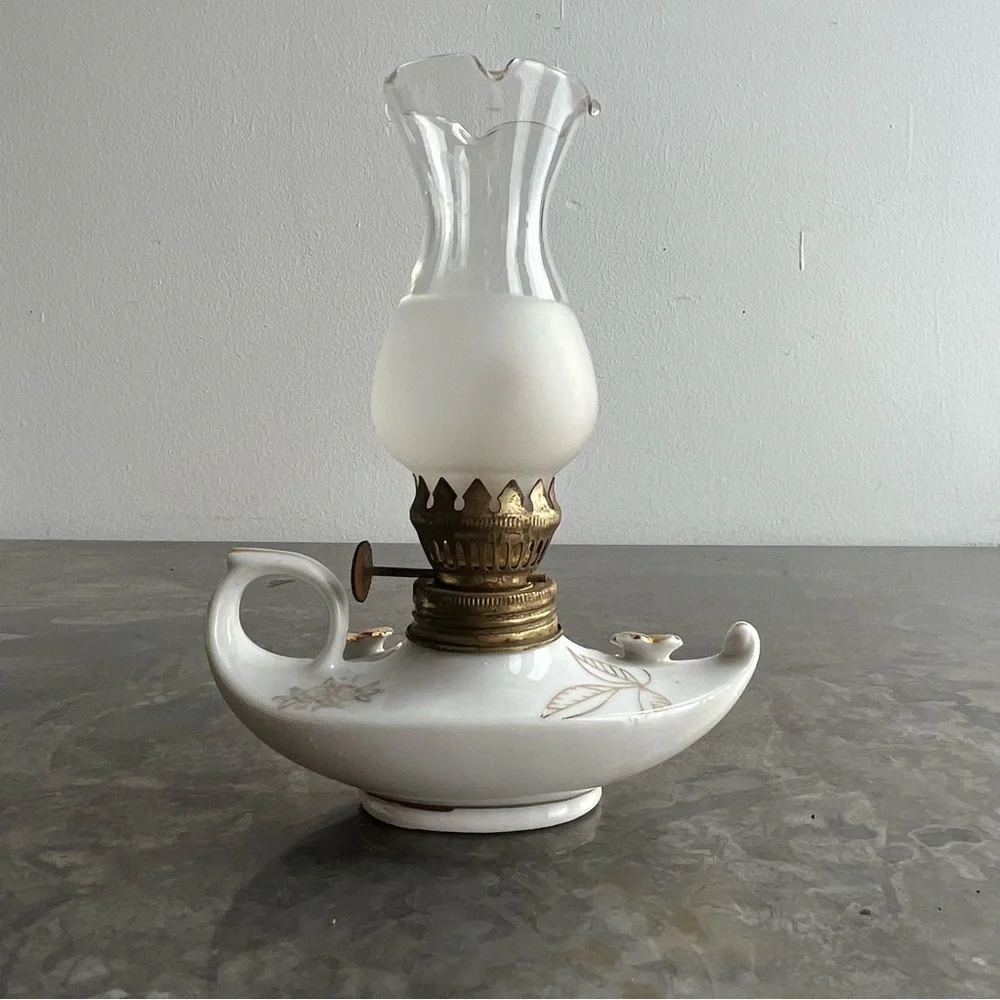 Antique Miniature ‘Aladdin’ Style Oil Finger Lamp with gold leaf design